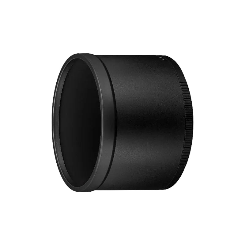A black cylindrical camera lens hood with a textured ribbed base and a smooth outer surface, shown on a plain white background.